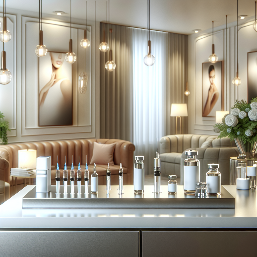 Aesthetic clinic setting with various injectable products displayed on a counter; soft lighting and modern decor