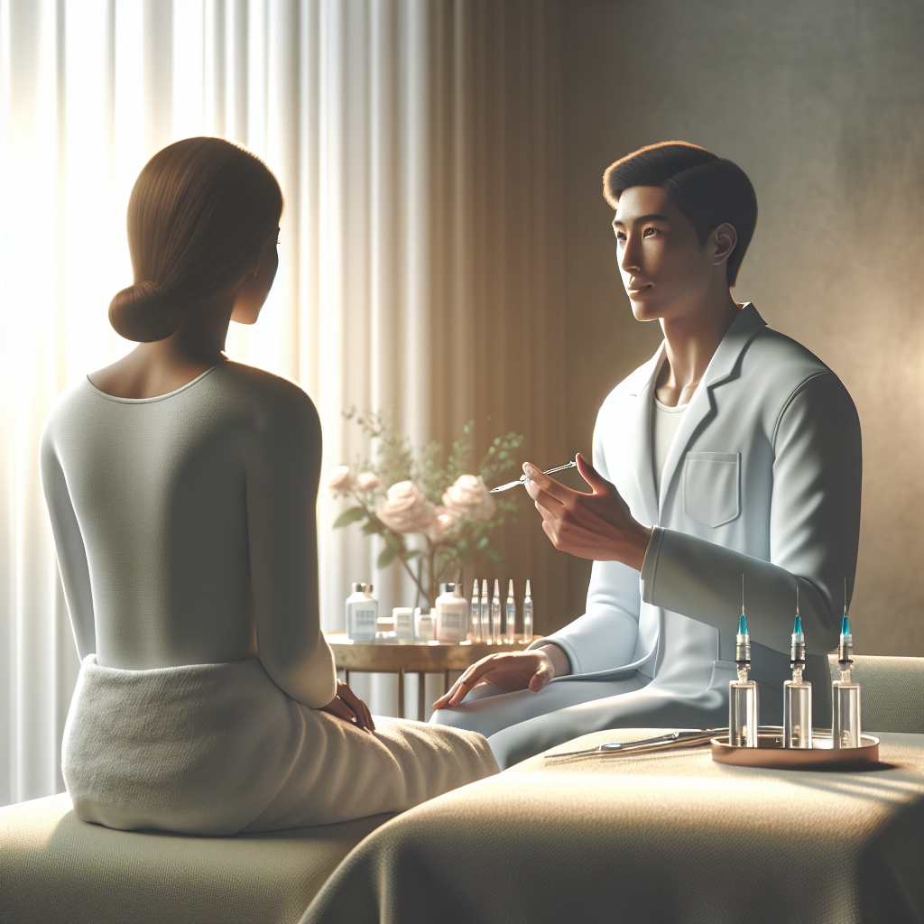 A serene spa setting with soft lighting where an aesthetician is consulting with a client about post-treatment care for facial injectables.
