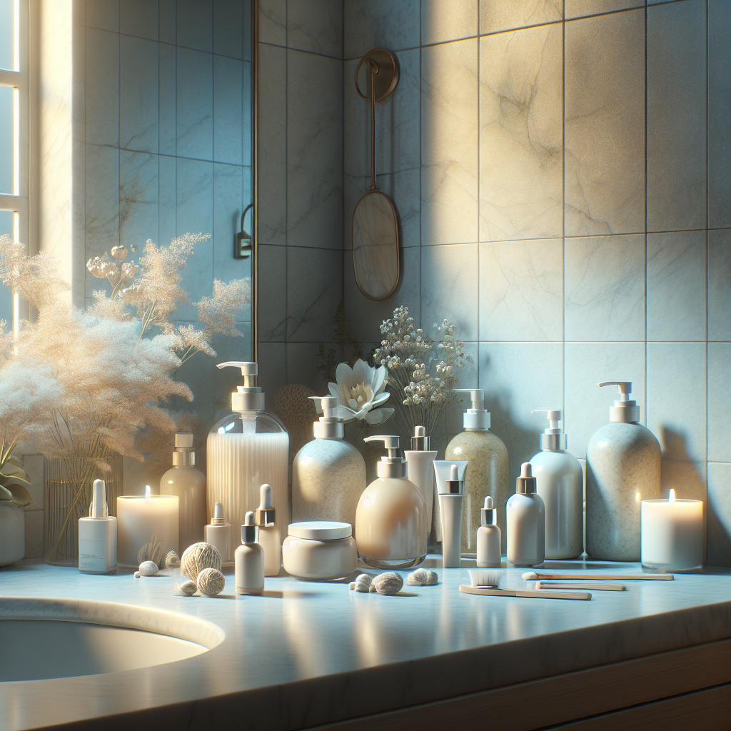 A serene bathroom scene featuring various sensitive skin products like cleansers and moisturizers arranged neatly on a countertop