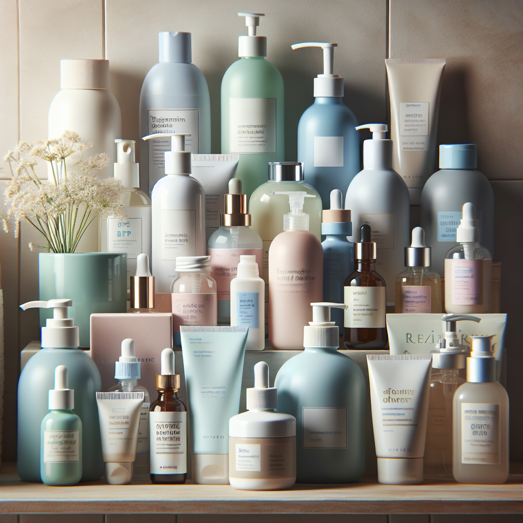 A close-up of diverse skincare products labeled hypoallergenic and fragrance-free on a bathroom shelf
