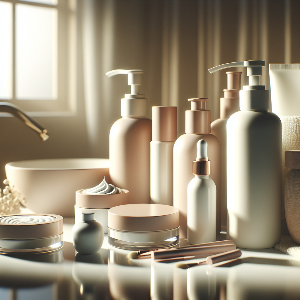 An array of gentle skincare products displayed on a bathroom counter with soft lighting