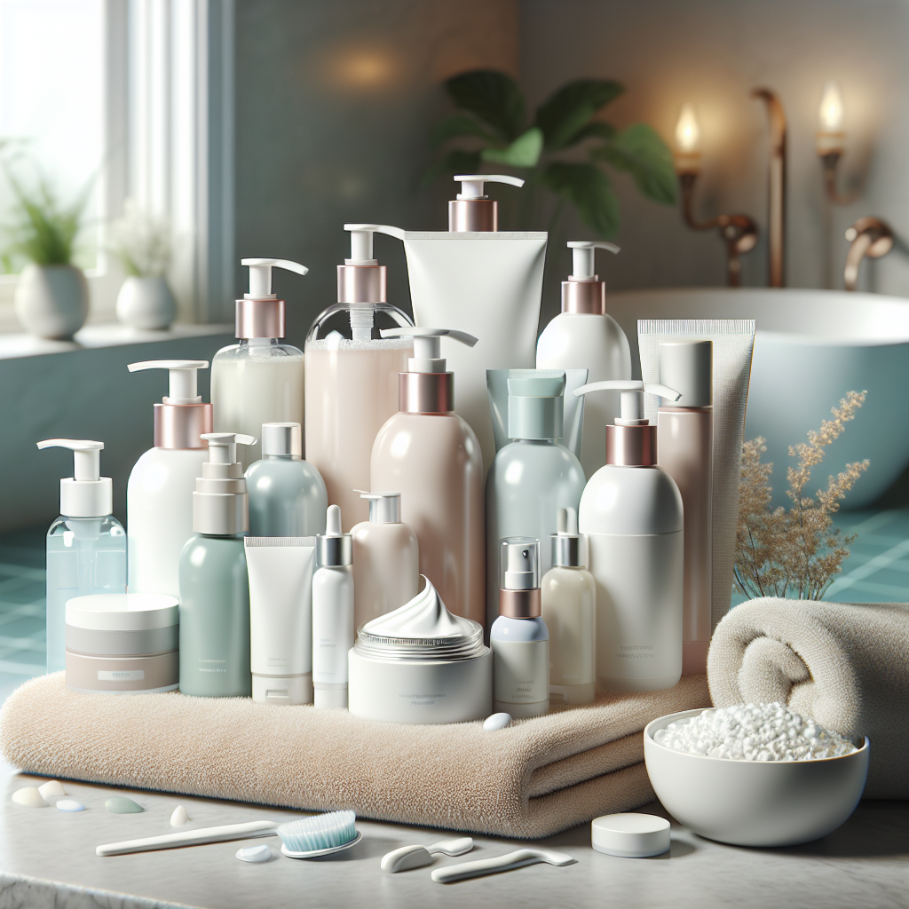 A flat lay of various hypoallergenic skincare products including cleansers, moisturizers, and face masks on a soft towel in a serene bathroom setting.