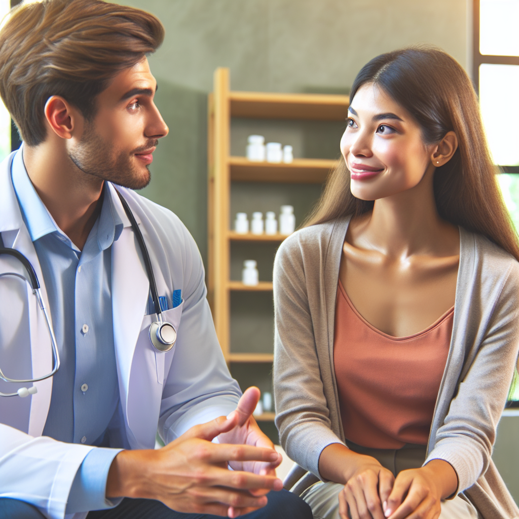A healthcare professional discussing hormone optimization therapy with a patient in a warm clinic setting