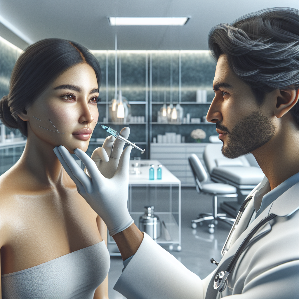 A close-up photo realistic image showing a professional administering aesthetic injections in a modern clinic setting