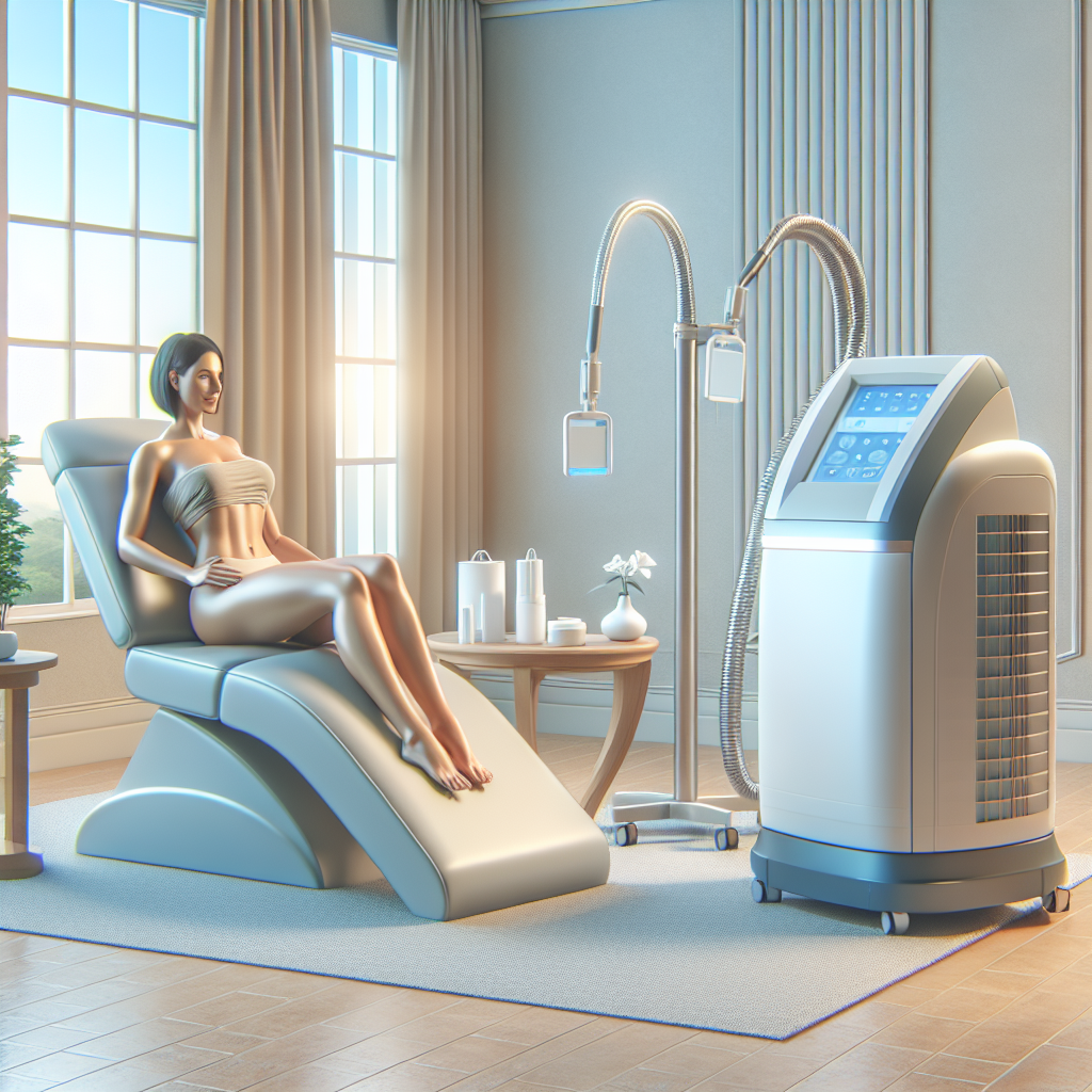 A serene spa environment with a CoolSculpting machine in use, showcasing a relaxed client undergoing treatment.