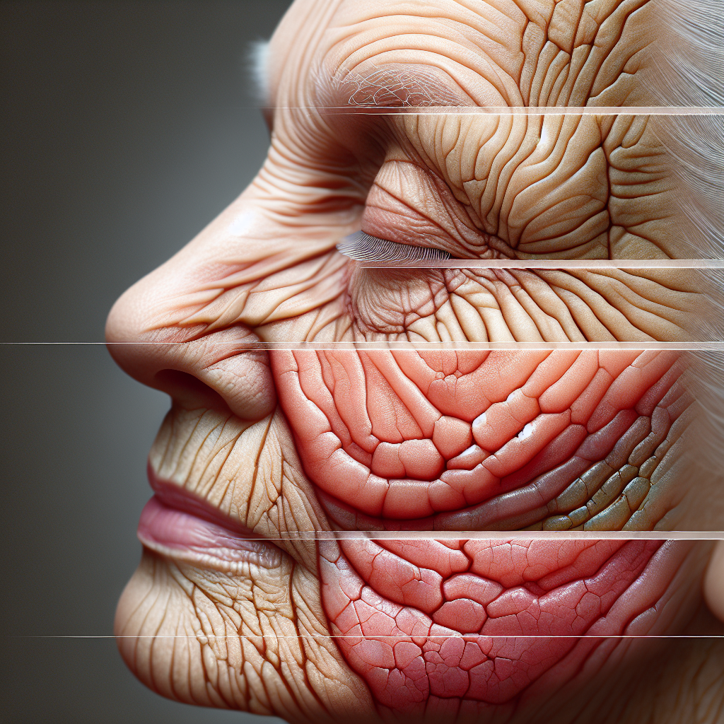 A close-up view of aging skin showing wrinkles and pigmentation differences with contrasting youthful skin