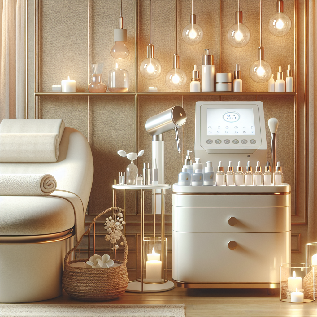 A serene spa treatment room with advanced skincare technology and products displayed elegantly