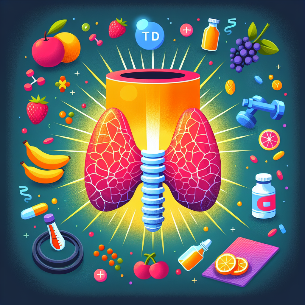 A vibrant illustration depicting a healthy thyroid gland with rays of energy emanating from it, surrounded by symbols representing wellness such as fruits, exercise equipment, and supplements