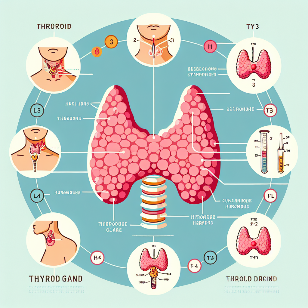 A detailed infographic illustrating the anatomy of the thyroid gland with labels for T3 and T4 hormones