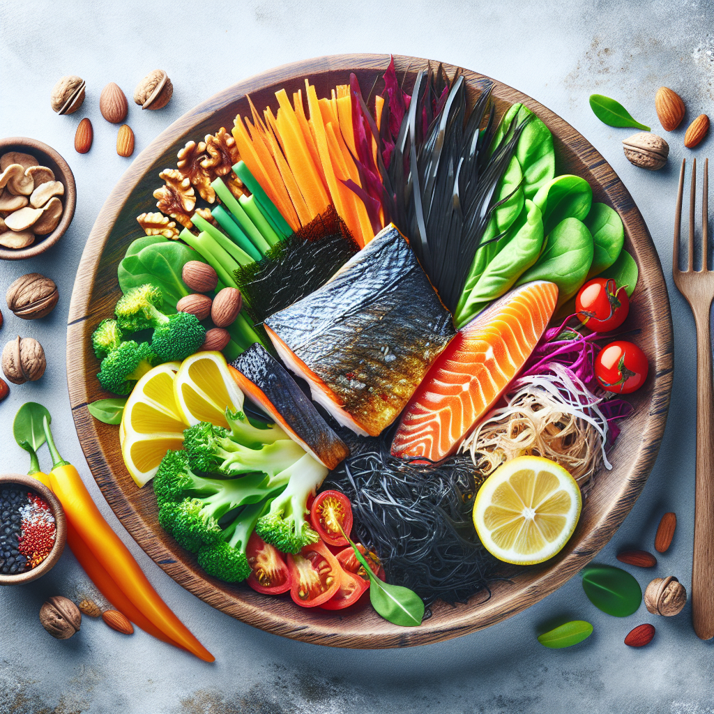 A healthy plate filled with iodine-rich foods like seaweed salad, grilled fish, fresh vegetables, and nuts