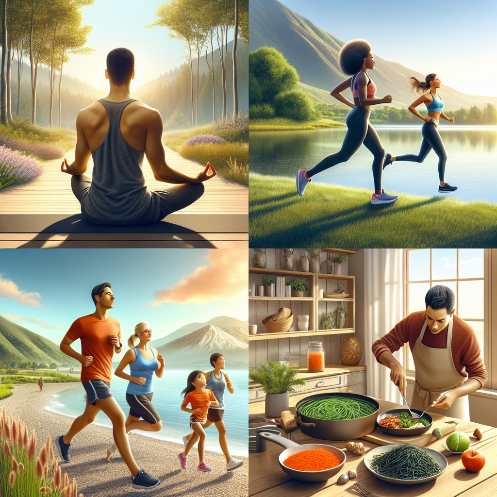 A vibrant scene depicting various healthy lifestyle activities such as yoga, running, cooking healthy meals with iodine-rich foods like seaweed, and enjoying nature