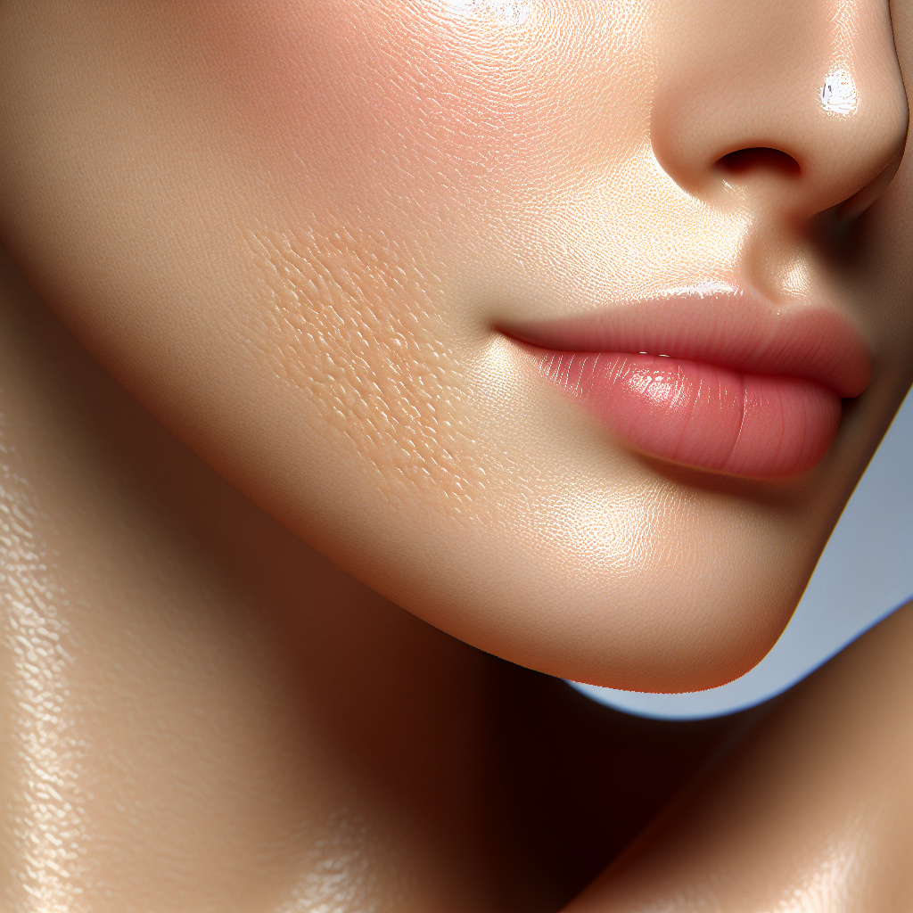 A close-up view of flawless skin with minimized pores, showcasing healthy glow and texture
