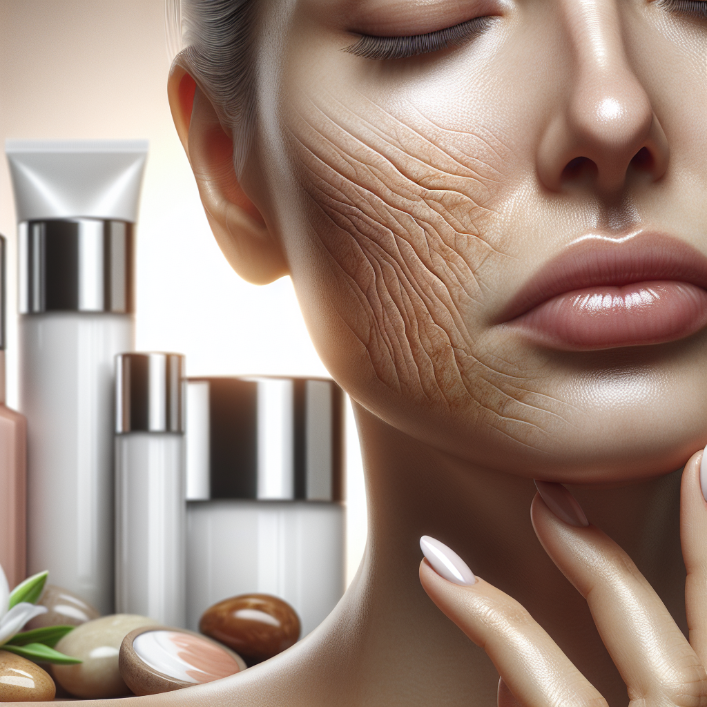 A close-up view of aging skin showing fine lines, wrinkles, and pigmentation changes with a background of advanced skincare products