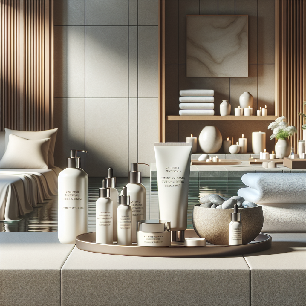 A serene spa setting with skincare products arranged neatly on a table, showcasing professional pore minimizing treatments