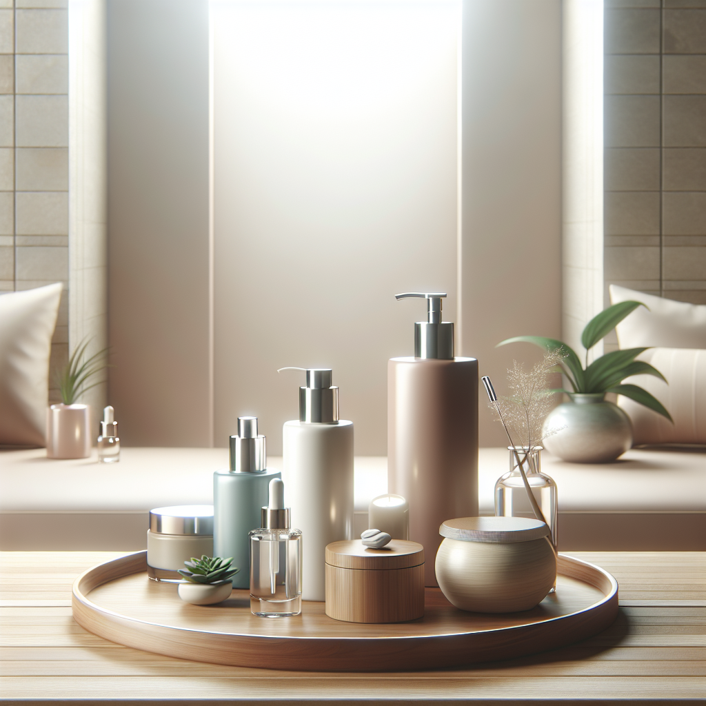 A serene spa setting with modern skincare products displayed elegantly on a wooden table. Soft lighting enhances the calming atmosphere.