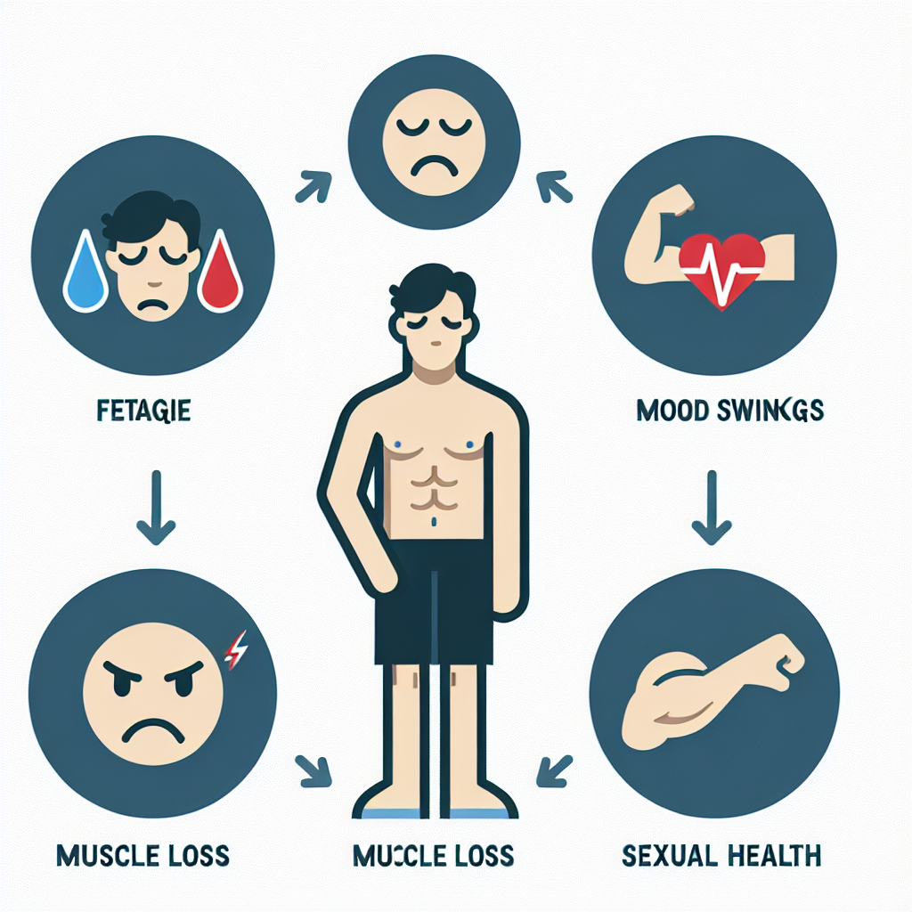 A graphic representation showing signs and symptoms of low testosterone in men with icons for fatigue, mood swings, muscle loss, and sexual health