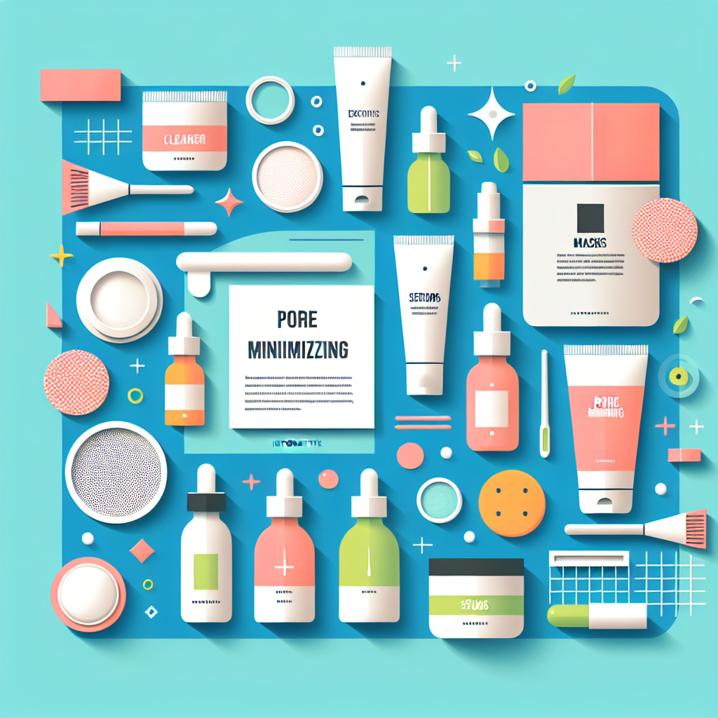 A flat lay of various skincare products including cleansers, exfoliants, serums, and masks focused on pore minimizing