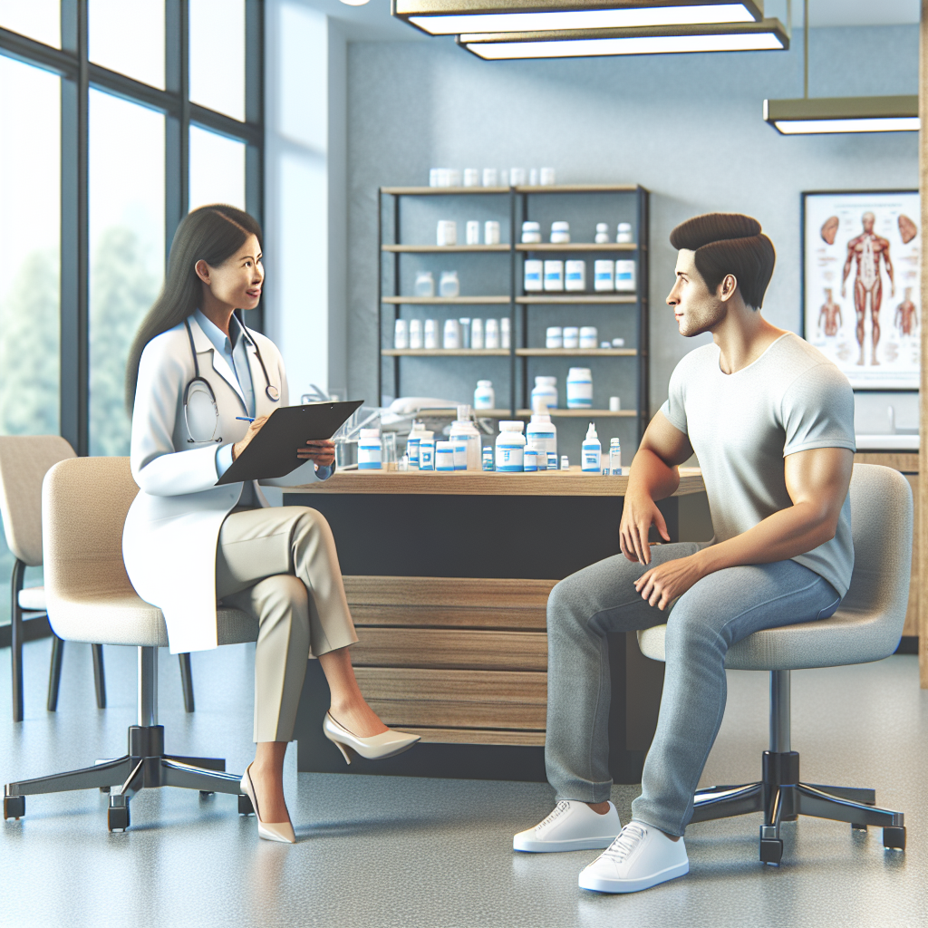 A doctor discussing testosterone replacement therapy with a patient in a modern clinic setting