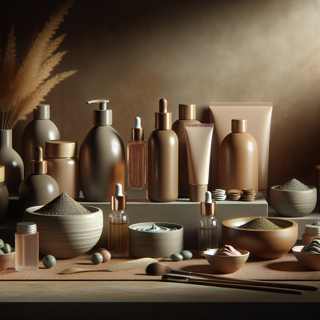 A serene spa setting with skincare products laid out, including clay masks, serums, and exfoliators
