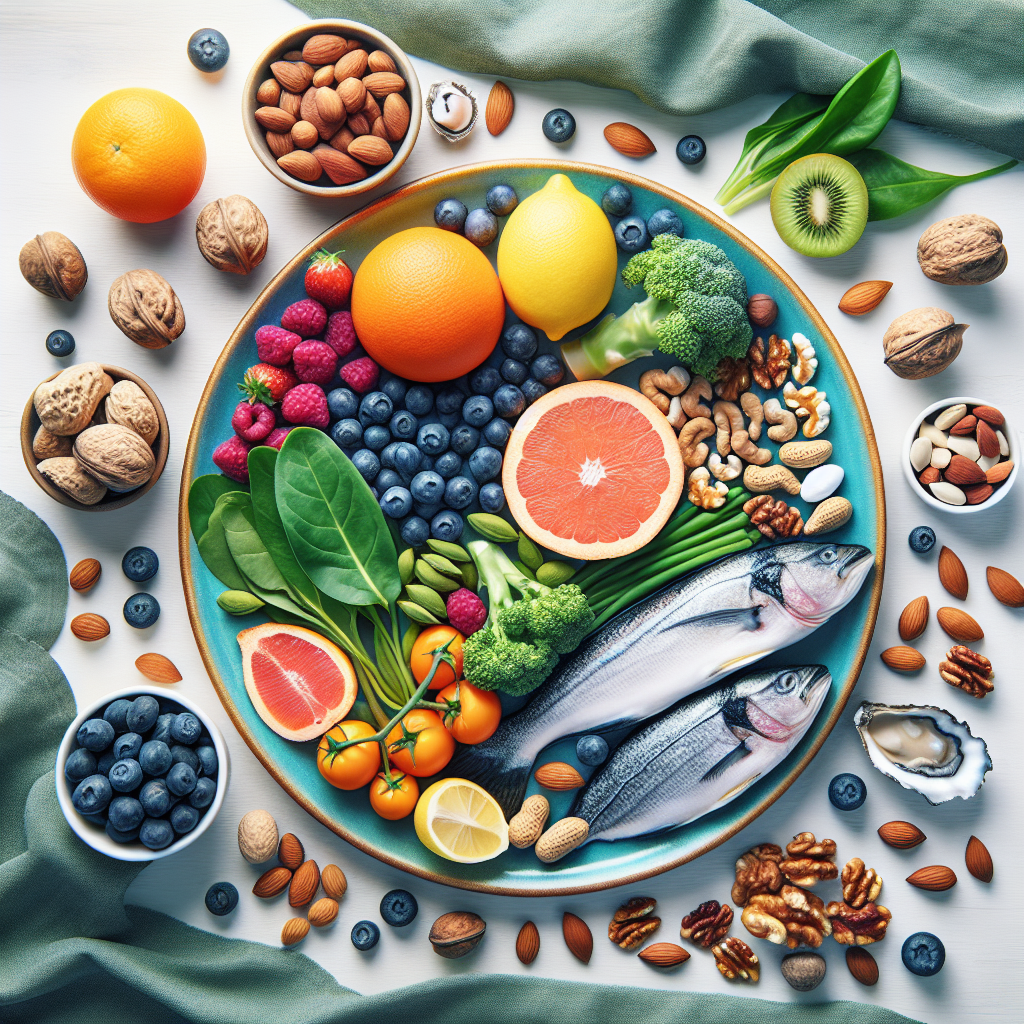 A colorful plate filled with testosterone-boosting foods like oysters, leafy greens, nuts, fatty fish, and berries arranged artistically