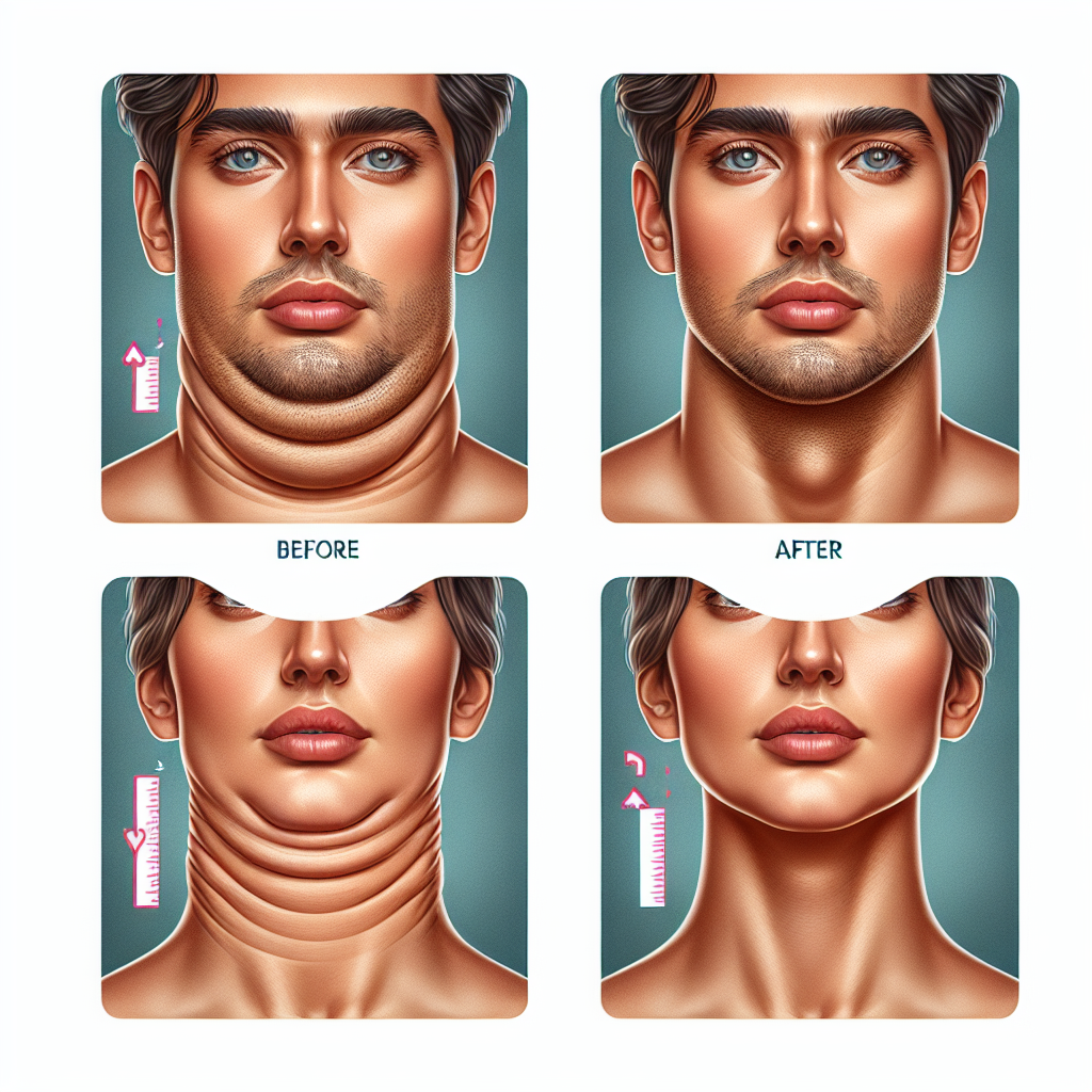 A before-and-after collage showing the transformation of a person with a double chin after undergoing various treatments for neck fat reduction.