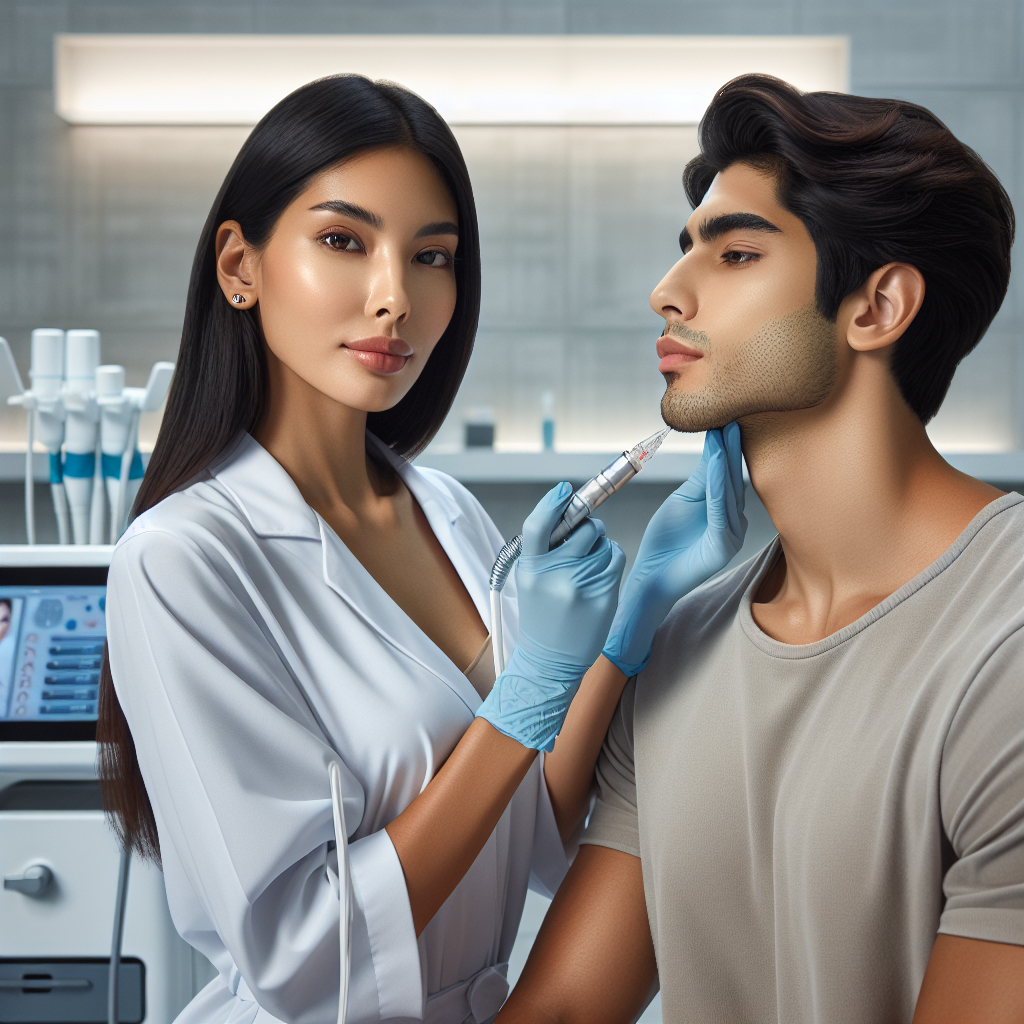 Aesthetic professional demonstrating non-surgical double chin treatments in a modern clinic setting