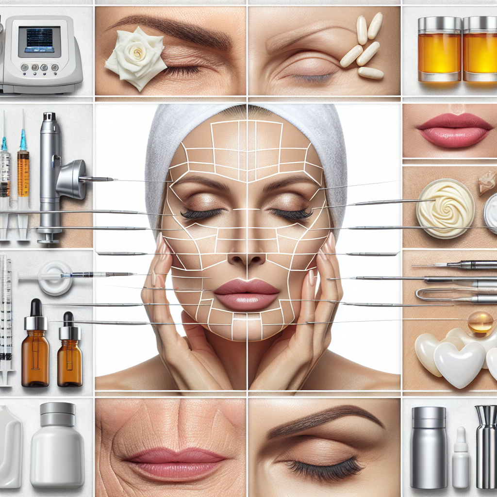 A collage of various wrinkle reduction treatments including Botox injections, dermal fillers, laser therapy equipment, and skincare products