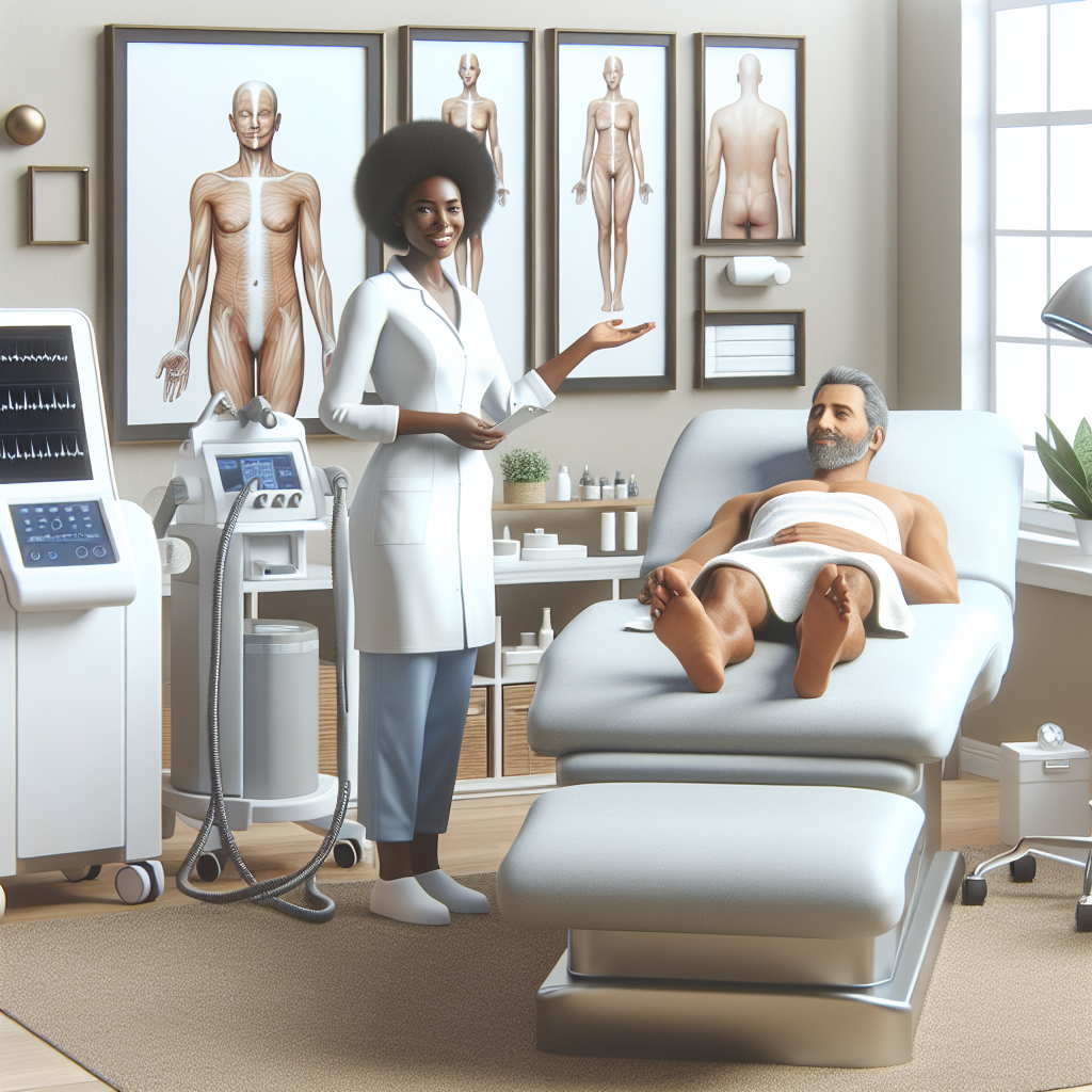 Aesthetic clinic interior showcasing various skin tightening devices with a friendly practitioner demonstrating ultrasound therapy on a patient