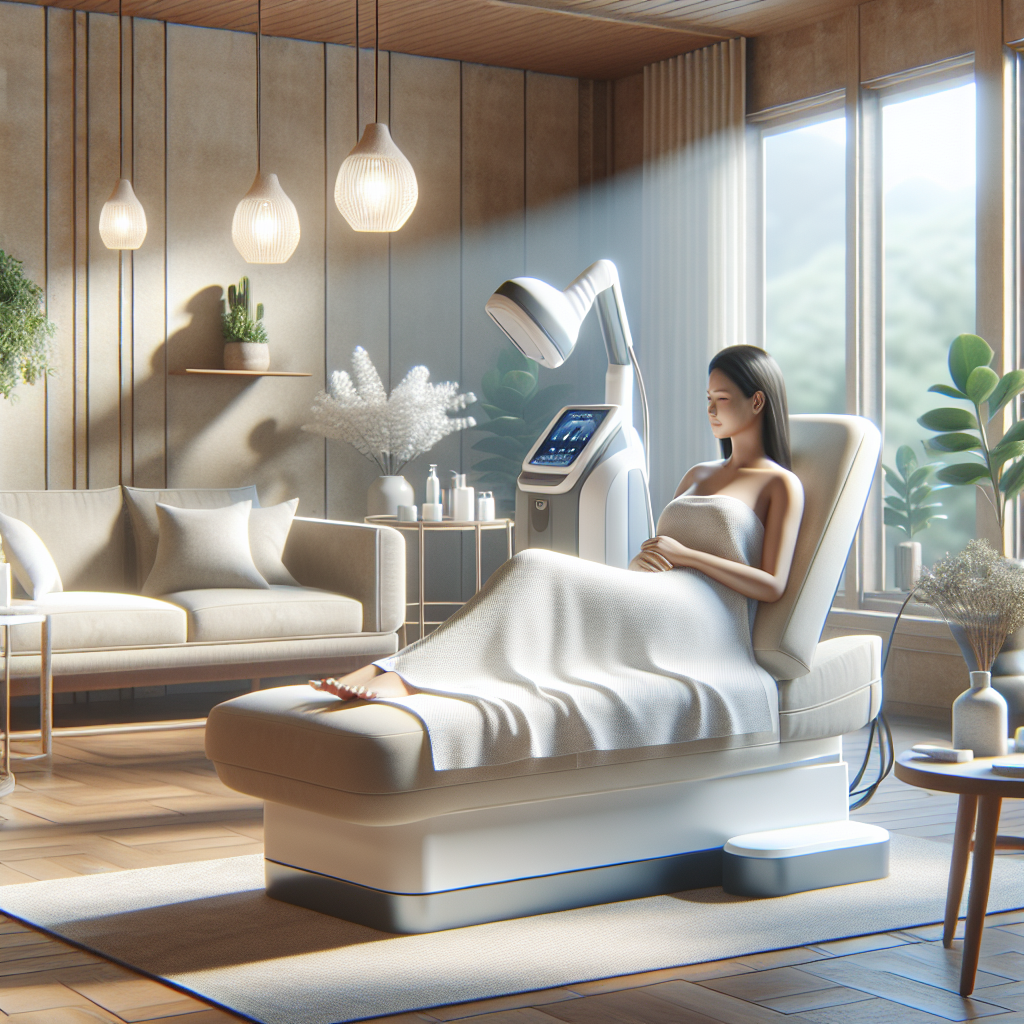 A serene spa setting with a woman receiving ultrasound therapy for anti-aging treatment