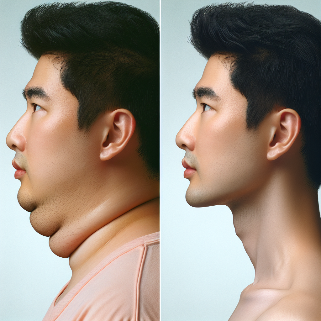 A before-and-after transformation of a person's profile highlighting double chin treatment results