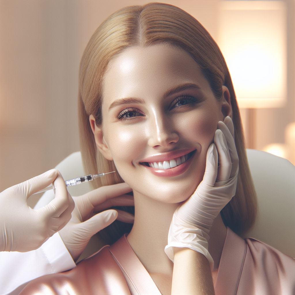 A close-up of a smiling woman receiving neurotoxin injections at a medspa, showcasing a modern aesthetic environment with soft lighting.