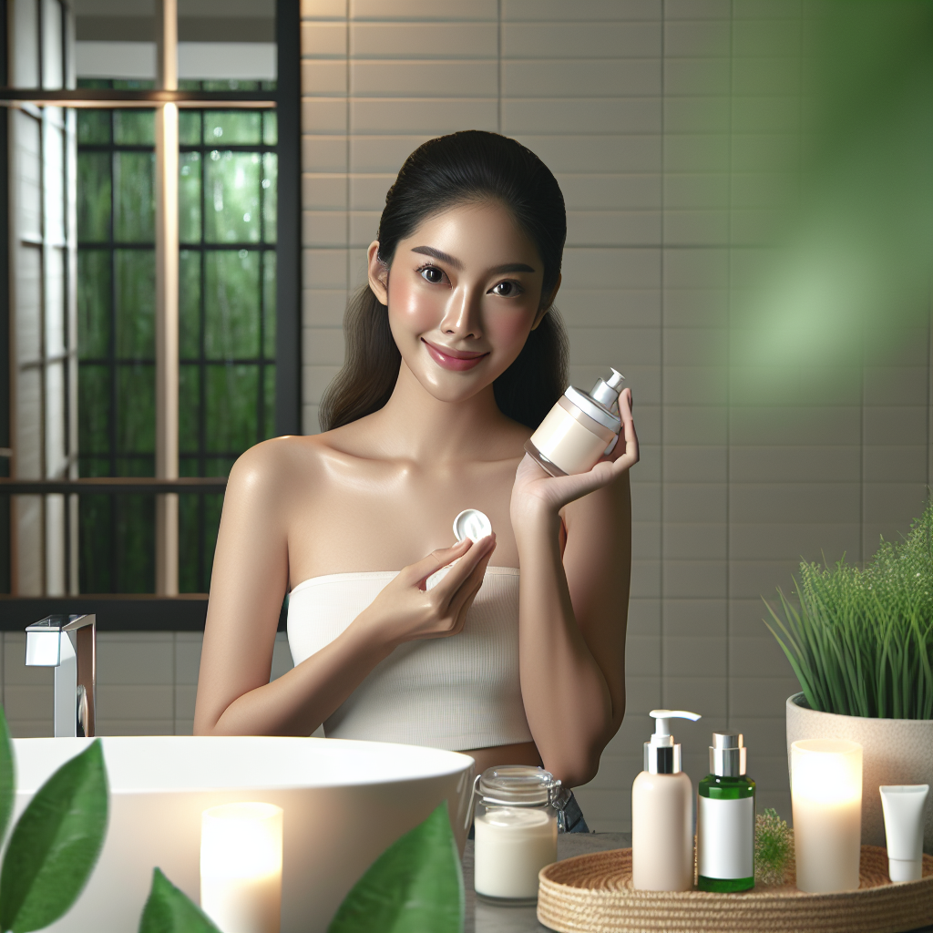A beautiful woman applying Hydrinity skincare products in a bright bathroom with plants