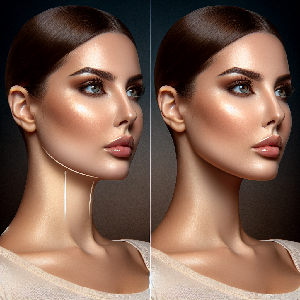 A before-and-after comparison of double chin treatments including Kybella, CoolSculpting, and liposuction. The left side shows before treatment with visible double chin while the right side shows after treatment with a defined jawline.