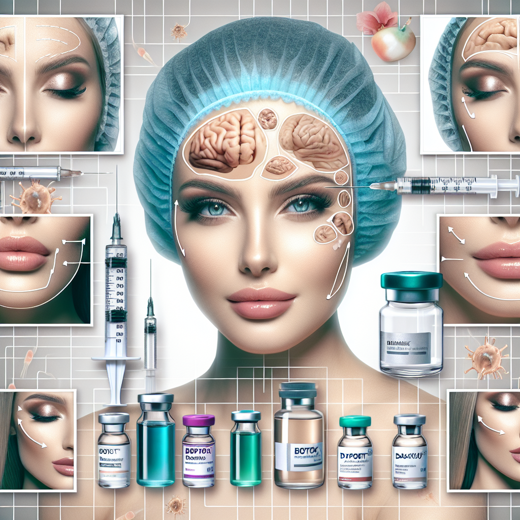 A collage showcasing different types of neurotoxin injections including Botox, Dysport, Jeuveau, and Daxxify with before and after images