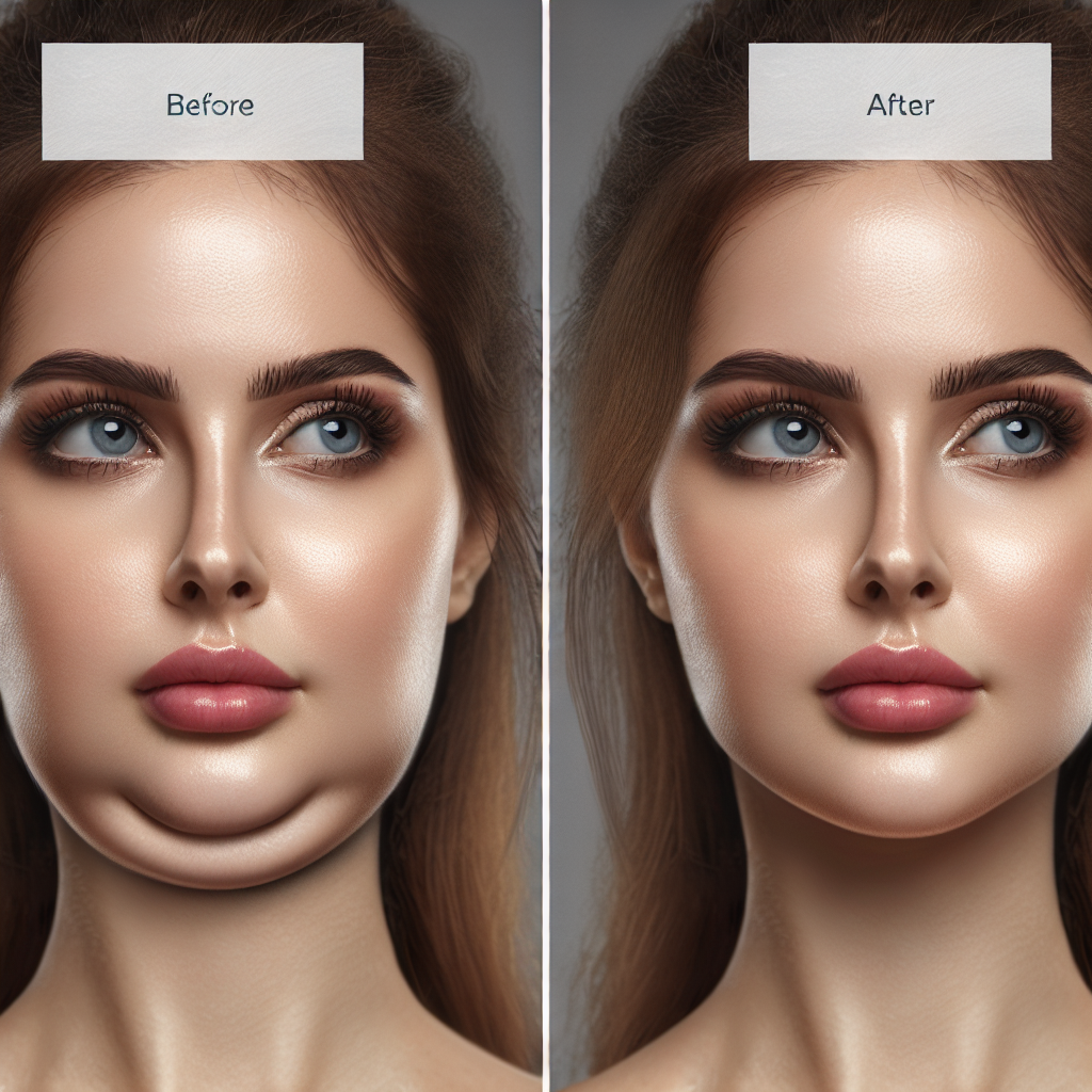 A before-and-after image showing the effects of liposuction on double chin reduction