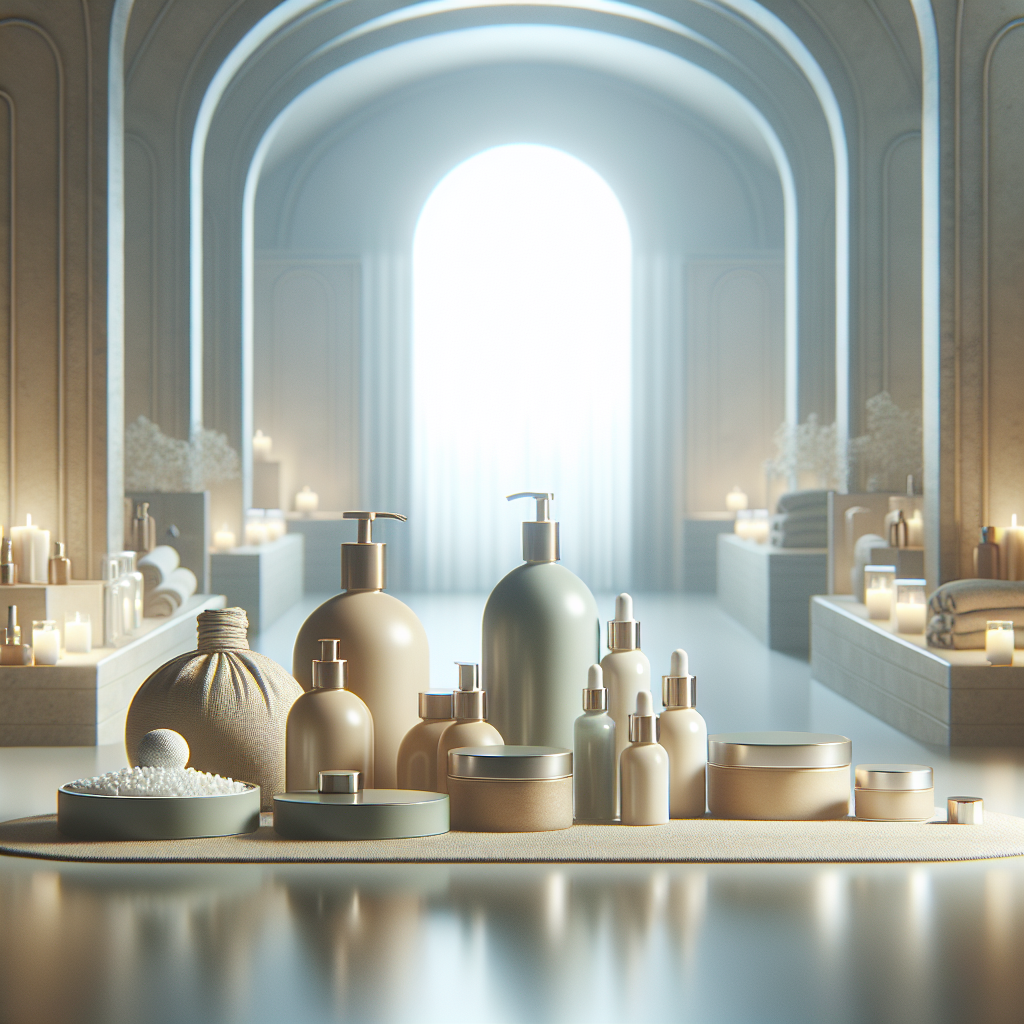 A serene spa setting featuring various Hydrinity skincare products on display with soft lighting