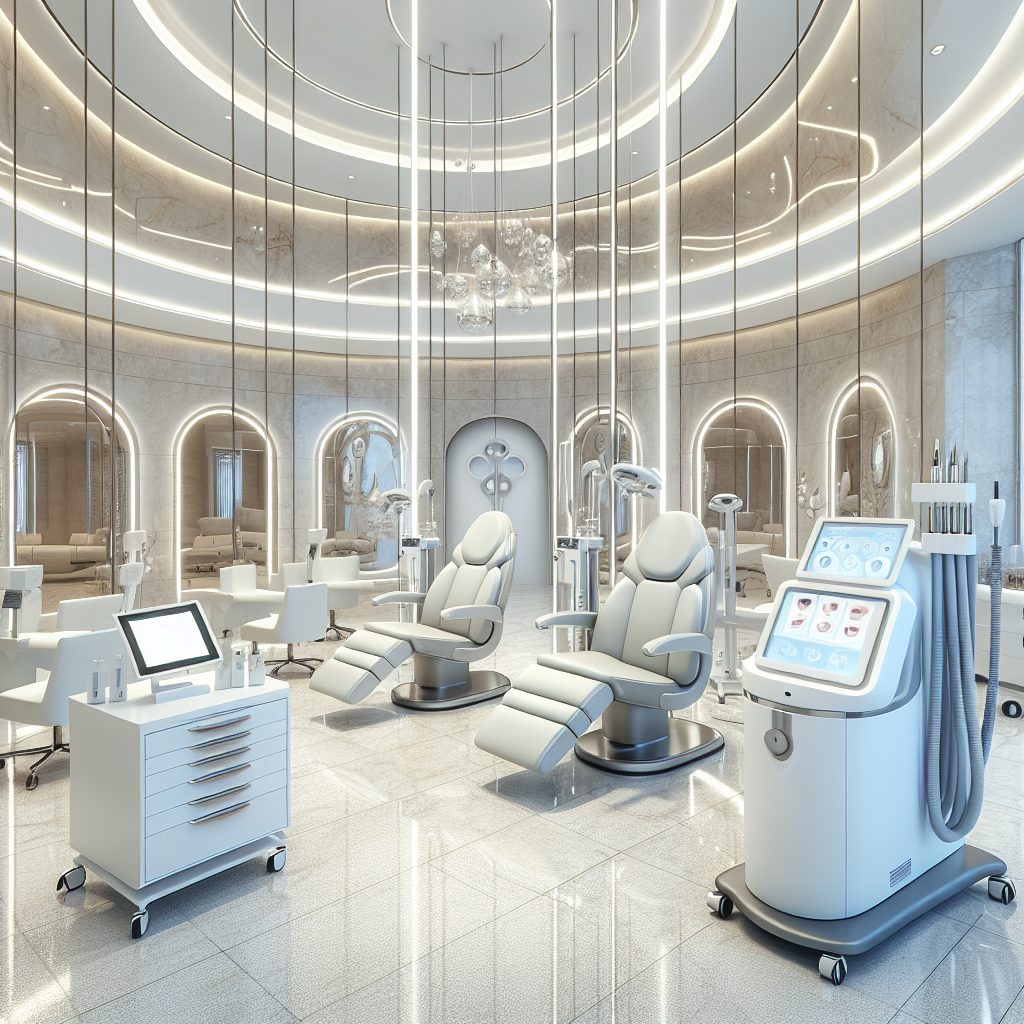 Aesthetic clinic interior with various beauty treatment equipment for facial slimming and contouring