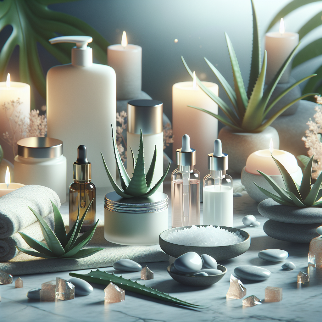 A serene spa scene featuring various hydrinity skincare products arranged aesthetically with natural ingredients like aloe vera and hyaluronic acid in the background