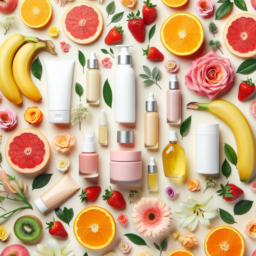A vibrant flat lay arrangement featuring various Hydrinity skincare products surrounded by fresh fruits and flowers