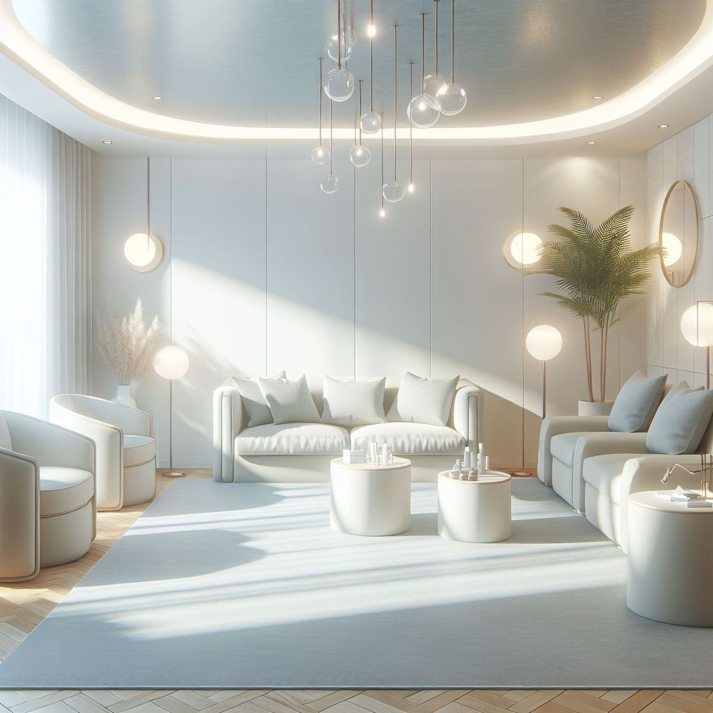 A serene and modern aesthetic clinic interior with soft lighting and comfortable seating areas