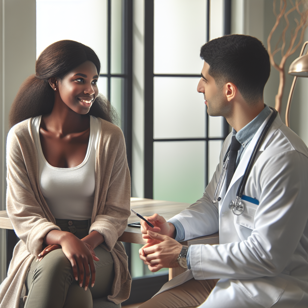 A friendly consultation scene at an aesthetic clinic with a practitioner discussing treatment options with a patient