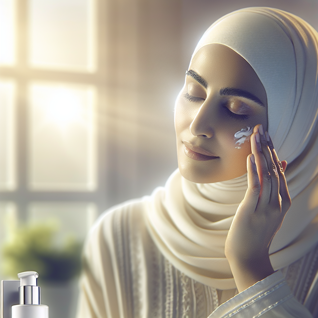 A serene woman applying soothing cream on her face in a bright bathroom setting