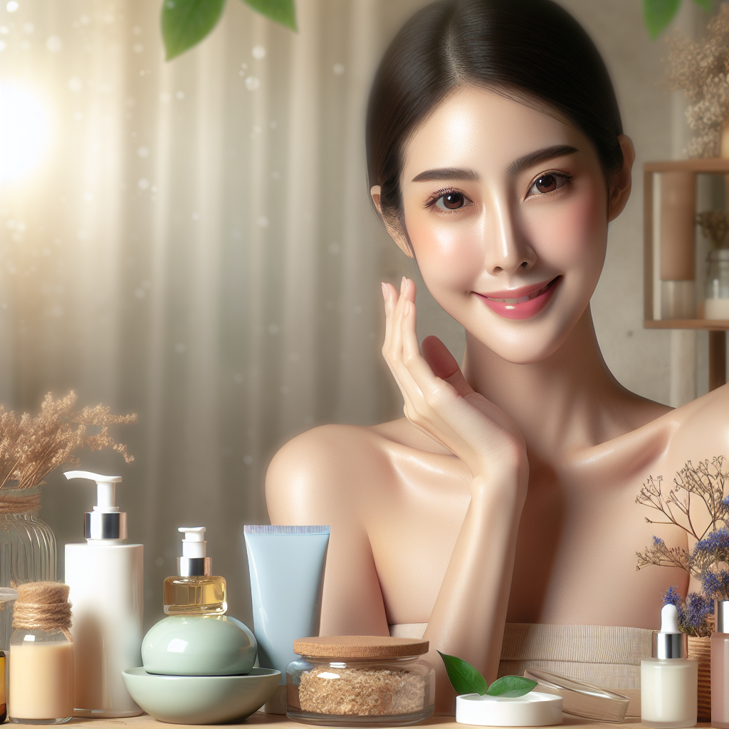 A serene woman with clear skin smiling confidently, surrounded by natural skincare products, soft lighting