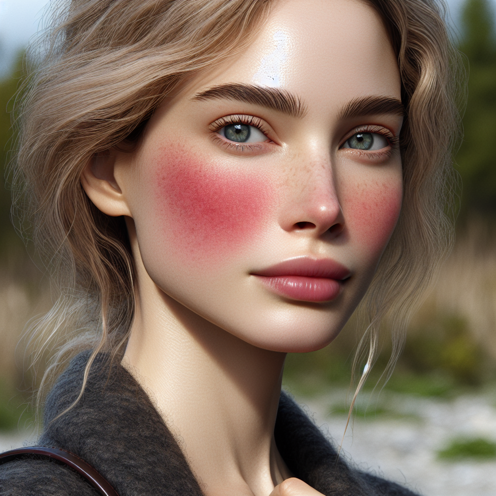 A close-up of a woman with rosy cheeks showing symptoms of rosacea in a natural setting