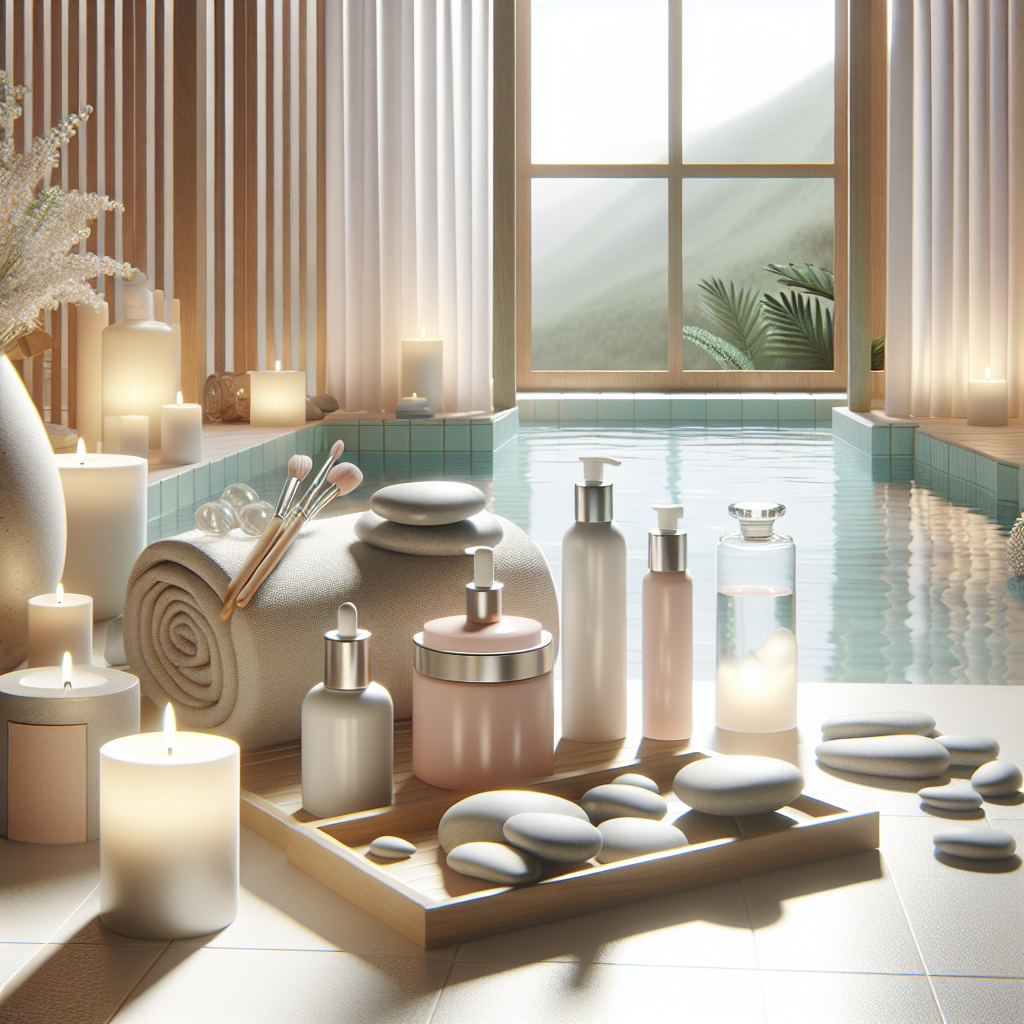 A serene spa environment with calming colors, featuring skincare products specifically designed for rosacea management