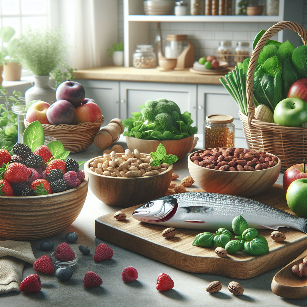 A serene kitchen scene showcasing an array of anti-inflammatory foods including berries, leafy greens, nuts, and fatty fish