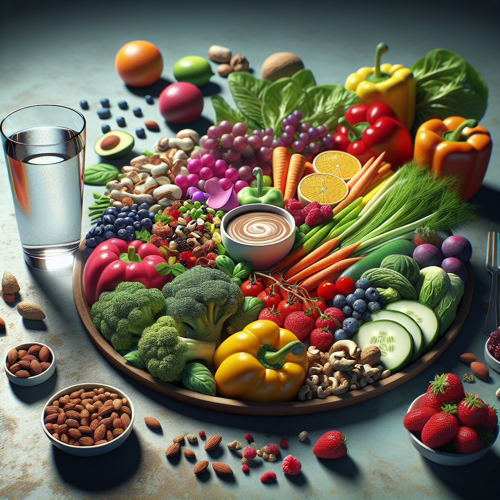 A colorful plate of healthy foods including lean proteins, vibrant vegetables, fruits like berries, nuts, and a glass of water