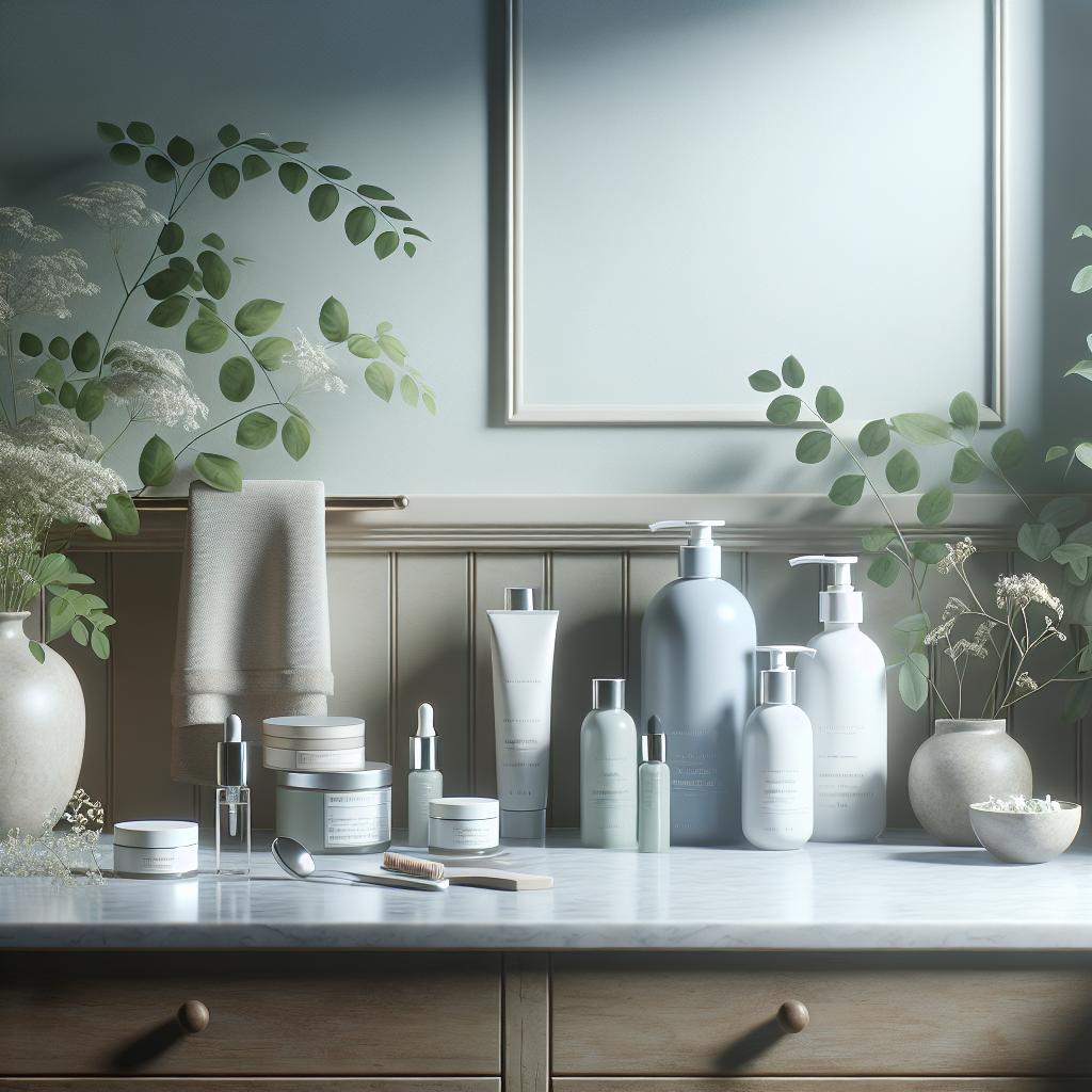 A serene bathroom countertop with gentle skincare products suitable for rosacea-prone skin including cleansers, moisturizers, and makeup items