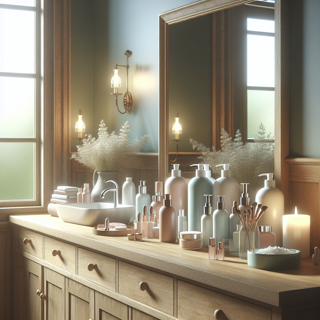 A serene bathroom counter with various hypoallergenic skincare and makeup products arranged beautifully. Soft lighting enhances the calming atmosphere.