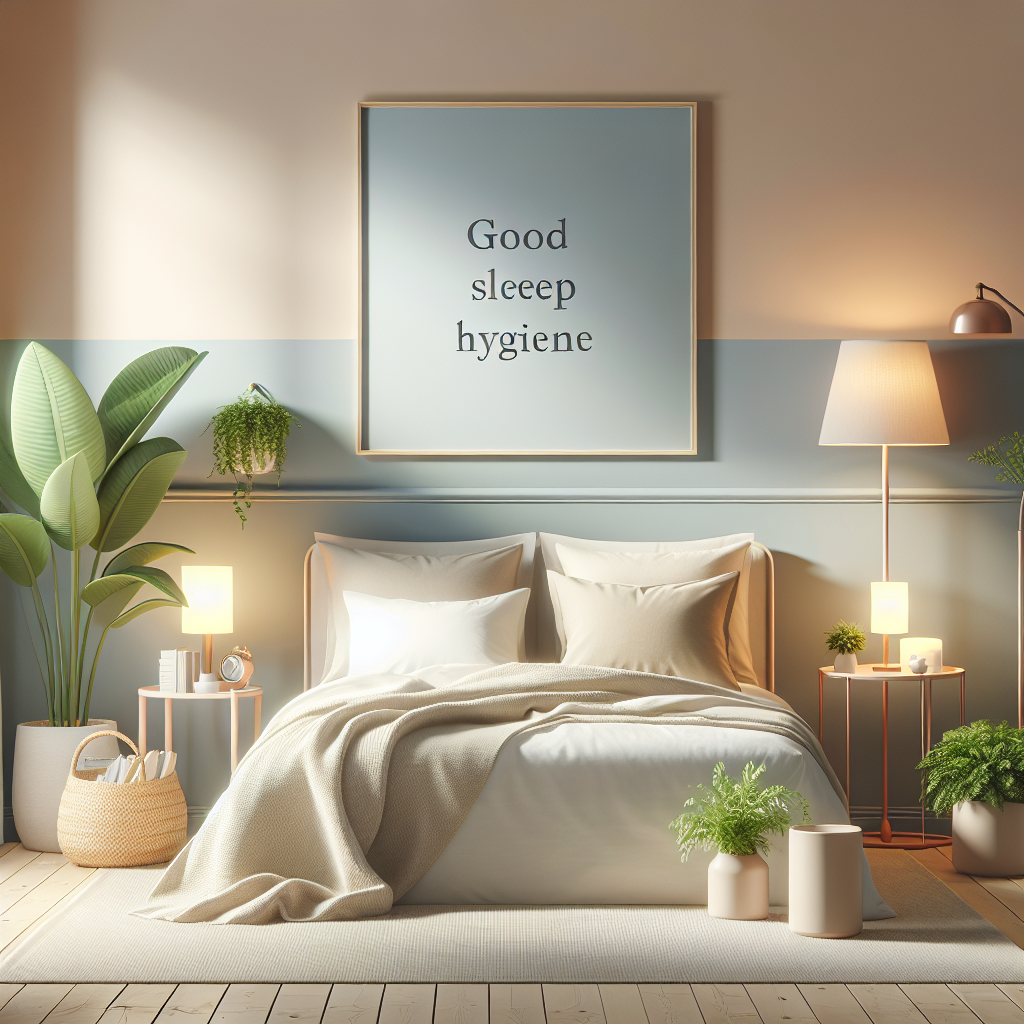 A serene bedroom setting promoting good sleep hygiene, featuring soft lighting, plants, and calming colors
